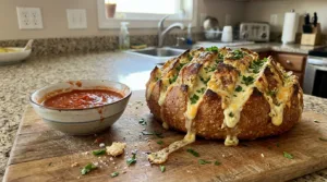 Stuffed cheesy garlic bread on a wooden board with marinara in a home kitchen