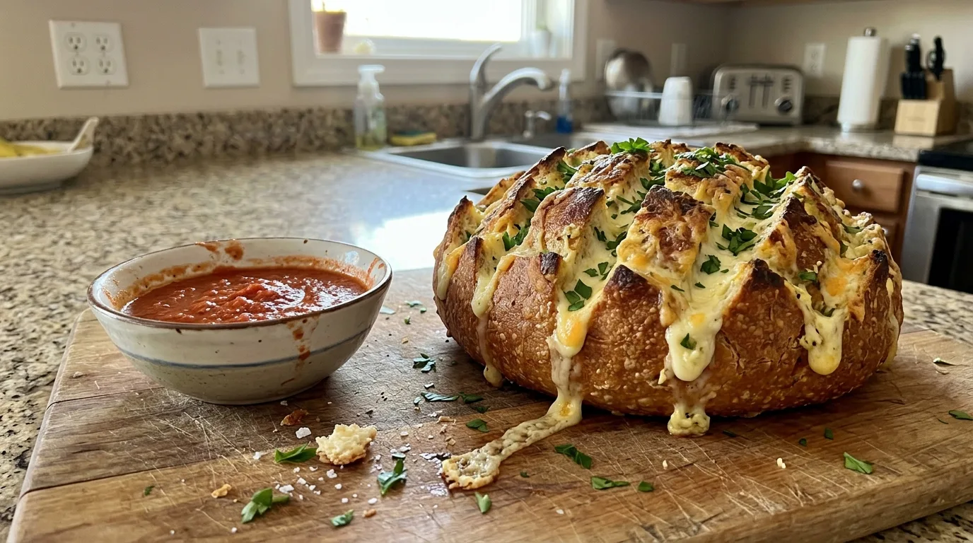 Stuffed cheesy garlic bread on a wooden board with marinara in a home kitchen