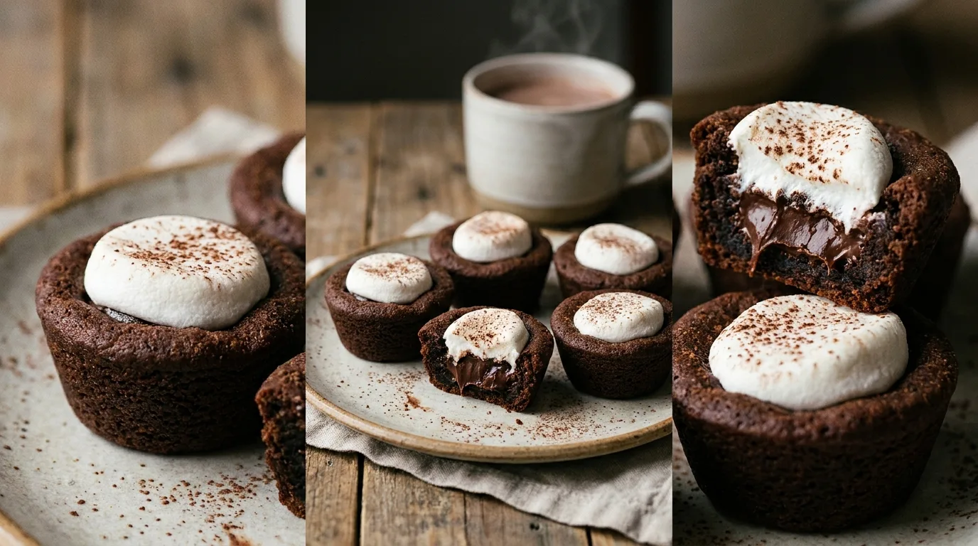 Hot Chocolate Cookie Cups with Marshmallow Topping 4 Hot chocolate cookie cups with marshmallow toppings and cocoa dusting on a plate.