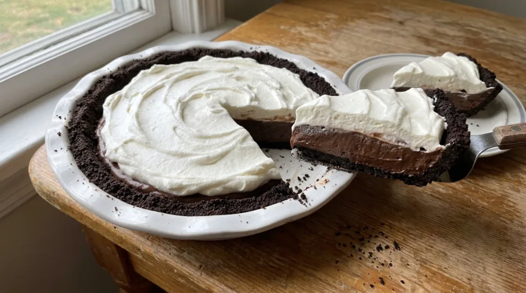 Chocolate Pudding Pie with Cookie Crust and Whipped Cream 3 Homemade chocolate pie with a cookie crumb crust and fresh whipped cream, with one slice removed.