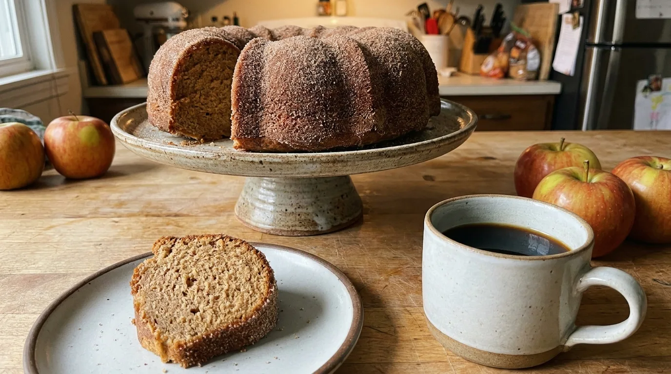 Sliced apple cider donut Bundt cake with a thick cinnamon-sugar coating and tender crumb.