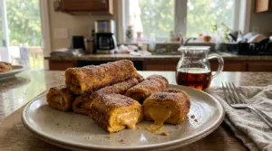 Plate of pumpkin french toast roll-ups with cream cheese filling and maple syrup in a home kitchen