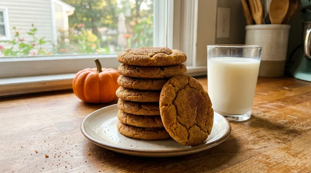 Stack of pumpkin snickerdoodles with cinnamon-sugar tops and a glass of milk in a home kitchen