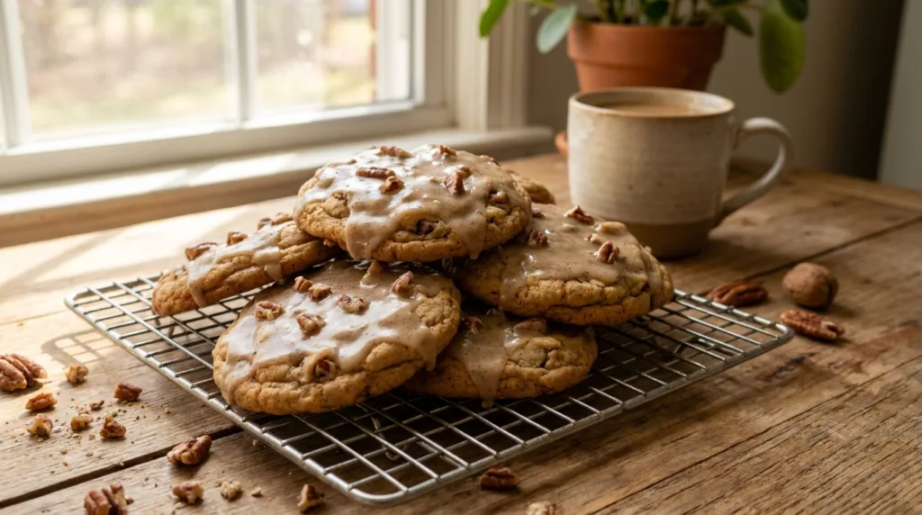 Brown Butter Maple Pecan Cookies: Thick, Chewy Fall Favorite 3 Stack of brown butter maple pecan cookies with maple glaze