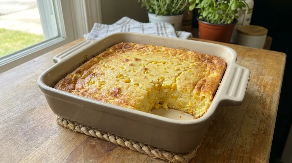 Jiffy Corn Casserole with Sour Cream and Butter 3 Baked corn casserole in a square dish with lightly browned edges and a serving removed.