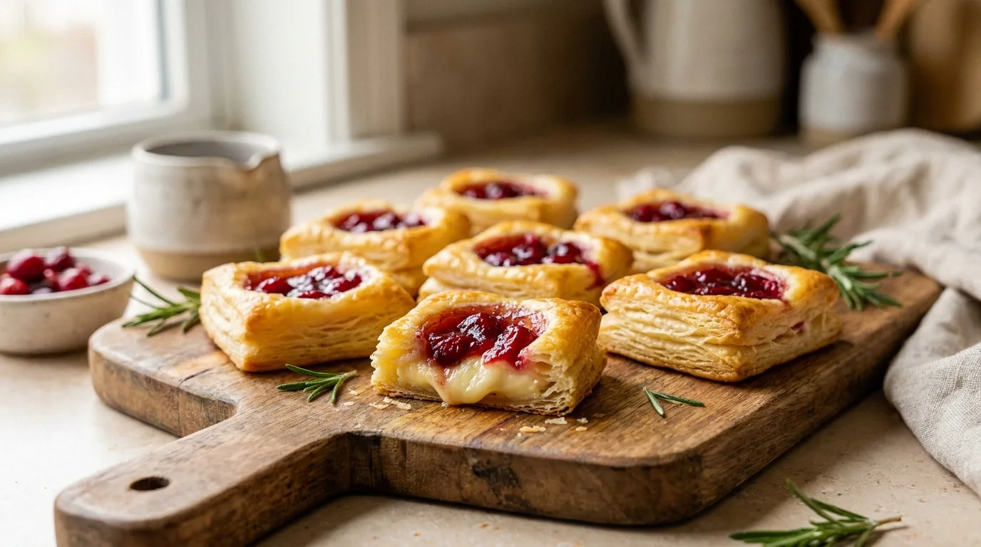 Hand lifting a cranberry Brie puff pastry bite from a baking sheet.