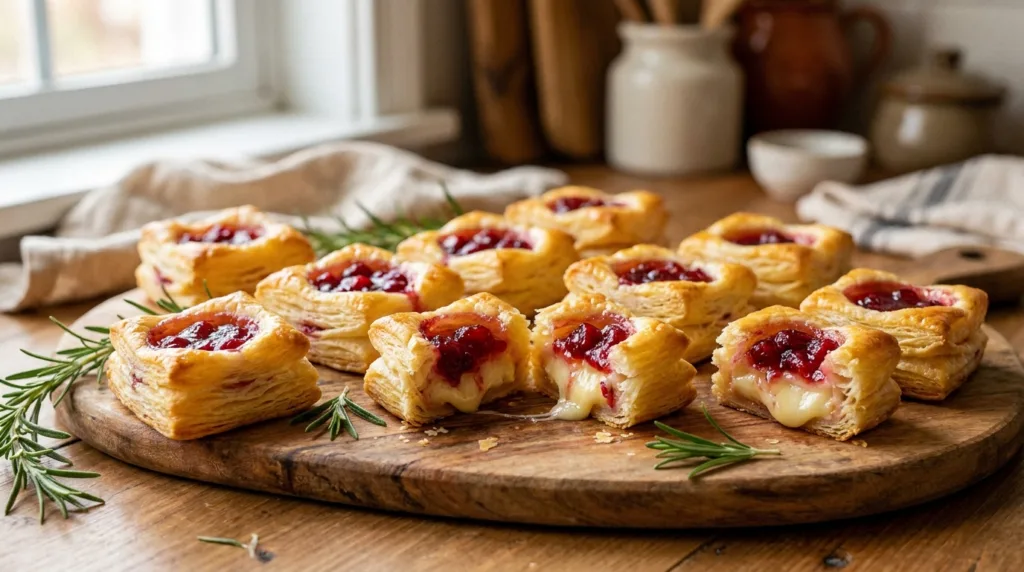 Golden cranberry brie bites with flaky pastry and cranberry sauce on a wooden board.