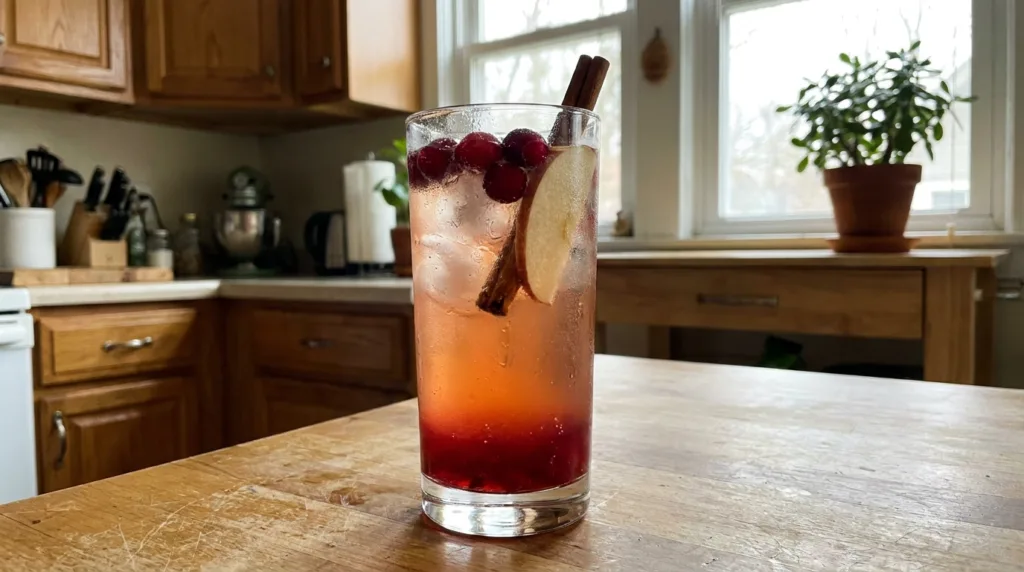 Sparkling cranberry apple cider mocktail with cranberries and a cinnamon stick in a home kitchen