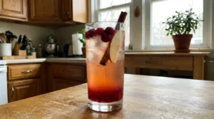 Sparkling cranberry apple cider mocktail with cranberries and a cinnamon stick in a home kitchen
