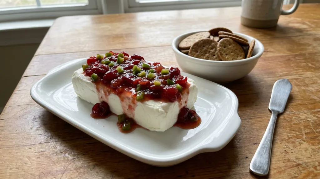 Cranberry cream cheese dip served as a topped cheese block with crackers and a spreader nearby.