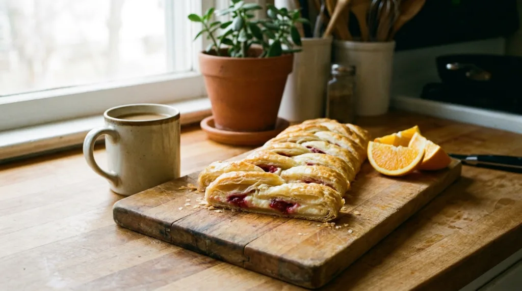Cranberry Cream Cheese Braid (Easy Puff Pastry Brunch Recipe) 3 Sliced cranberry cream cheese braid with flaky layers and coffee in a home kitchen
