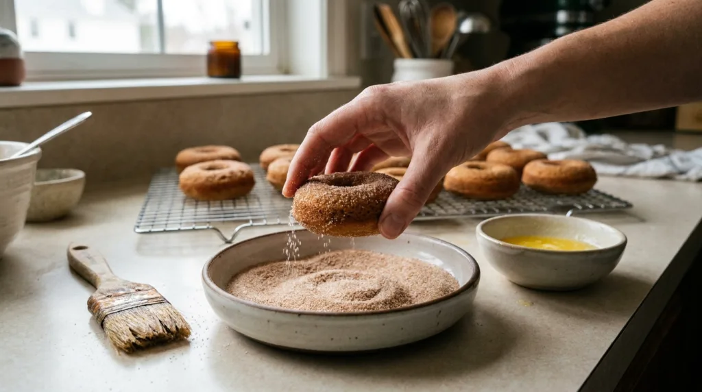 Baked Apple Cider Donuts (Easy, No Fryer, Cinnamon Sugar) 3 Rolling a warm apple cider donut in cinnamon sugar after brushing it with melted butter