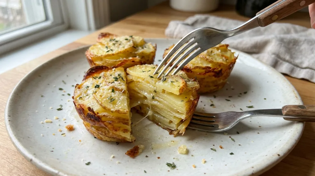 Fork opening crispy potato stacks to reveal thin, tender layers beneath golden edges.