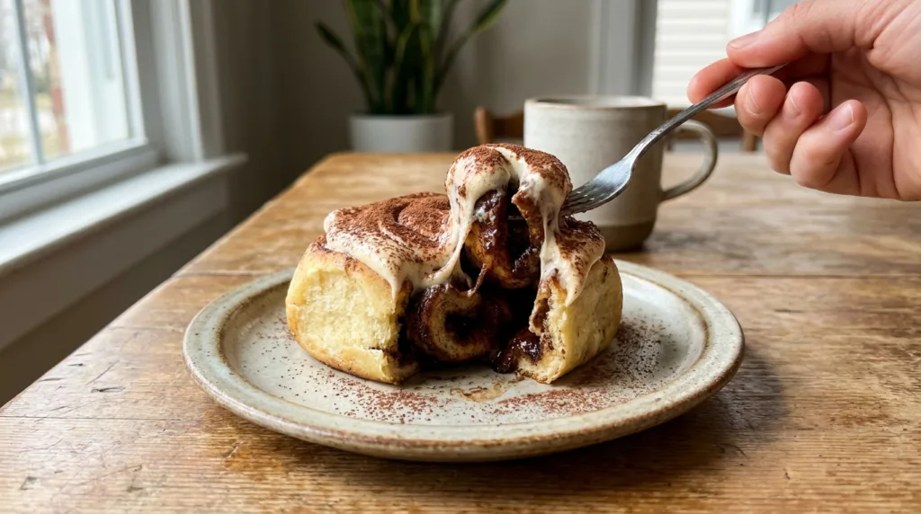 Pulling apart a tiramisu cinnamon roll with espresso mascarpone frosting and cocoa dusting