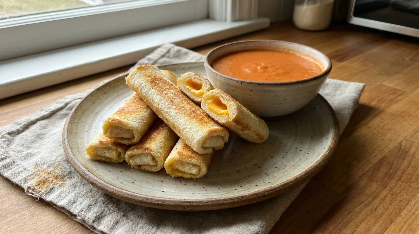 Golden cheddar cheese roll-ups served beside a bowl of tomato soup.