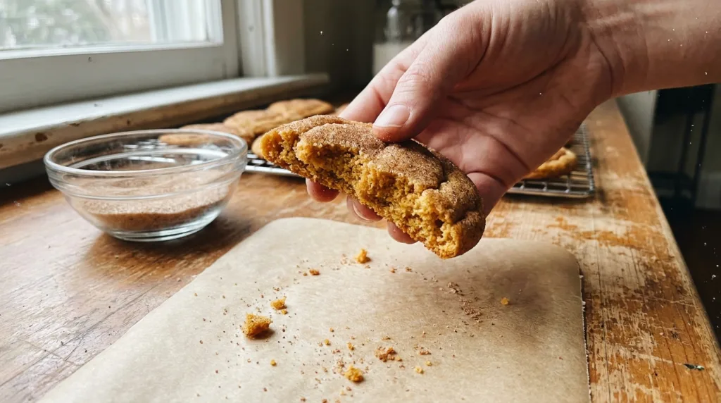 Pumpkin Snickerdoodles (Soft, Thick & Chewy Fall Cookies) 3 Breaking open a soft pumpkin snickerdoodle cookie with a chewy center