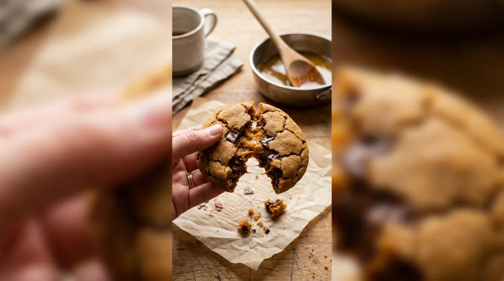 Breaking open a chewy brown butter pumpkin chocolate chunk cookie with melted chocolate