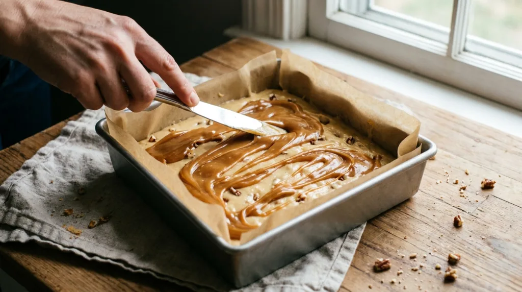 Caramel Swirl Blondies with Toasted Pecans 3 Swirling caramel into pecan blondie batter in a parchment-lined square baking pan.