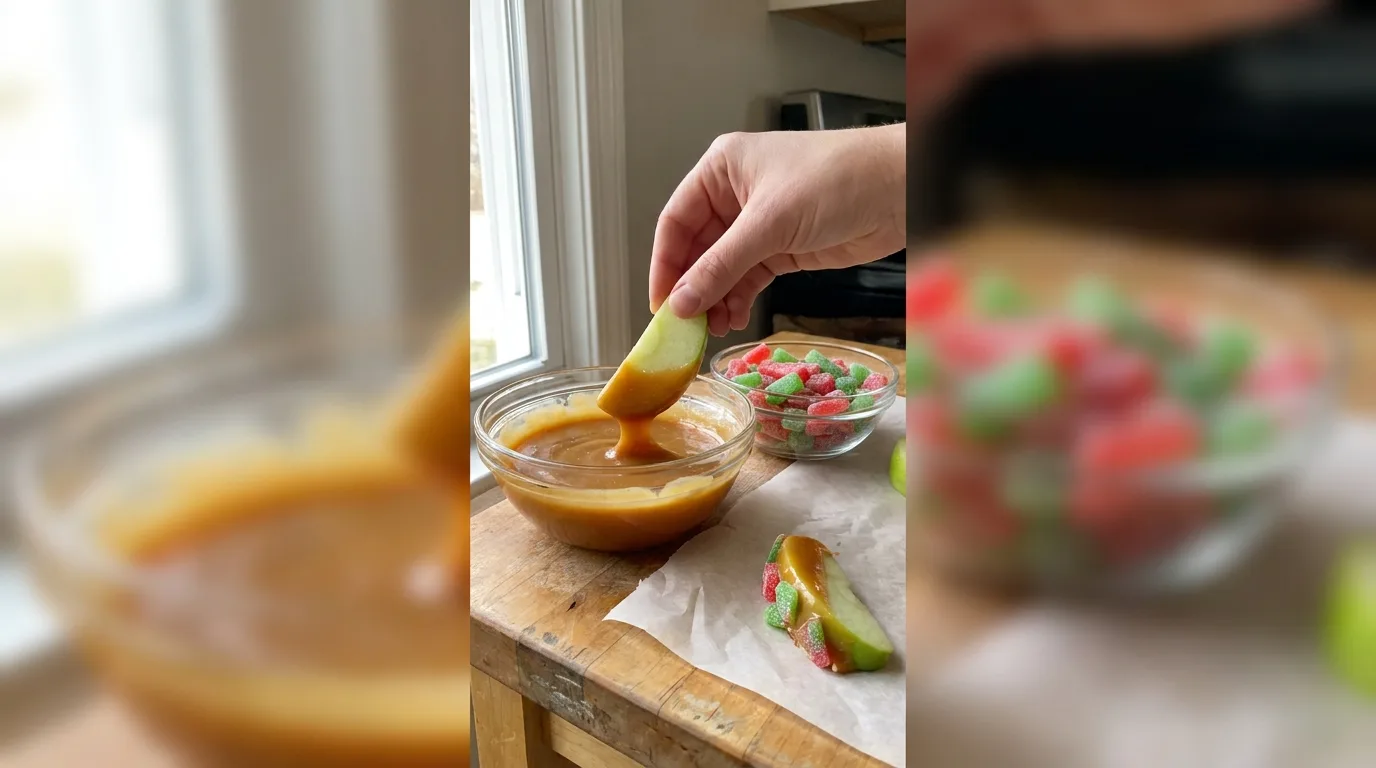 Sour Caramel Apple Slices (Easy No-Bake Fall Treat) 4 Dipping a Granny Smith apple slice in thick caramel next to a bowl of sour candy pieces