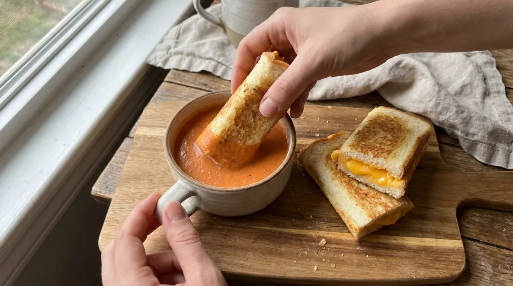 Grilled Cheese Roll Ups with Creamy Tomato Soup 3 Grilled cheese roll ups being dipped into creamy tomato soup.