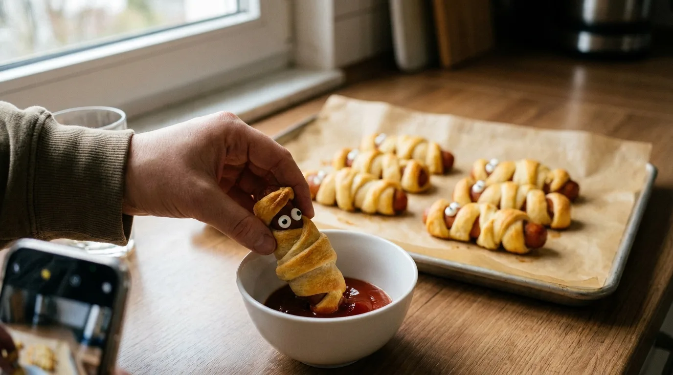Mummy Hot Dogs (Easy Crescent Roll Halloween Recipe) 4 Dipping a crescent mummy dog in ketchup with a tray of Halloween snacks behind it