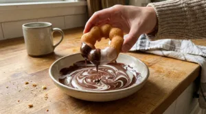 Dipping a mochi donut into marbled chocolate glaze
