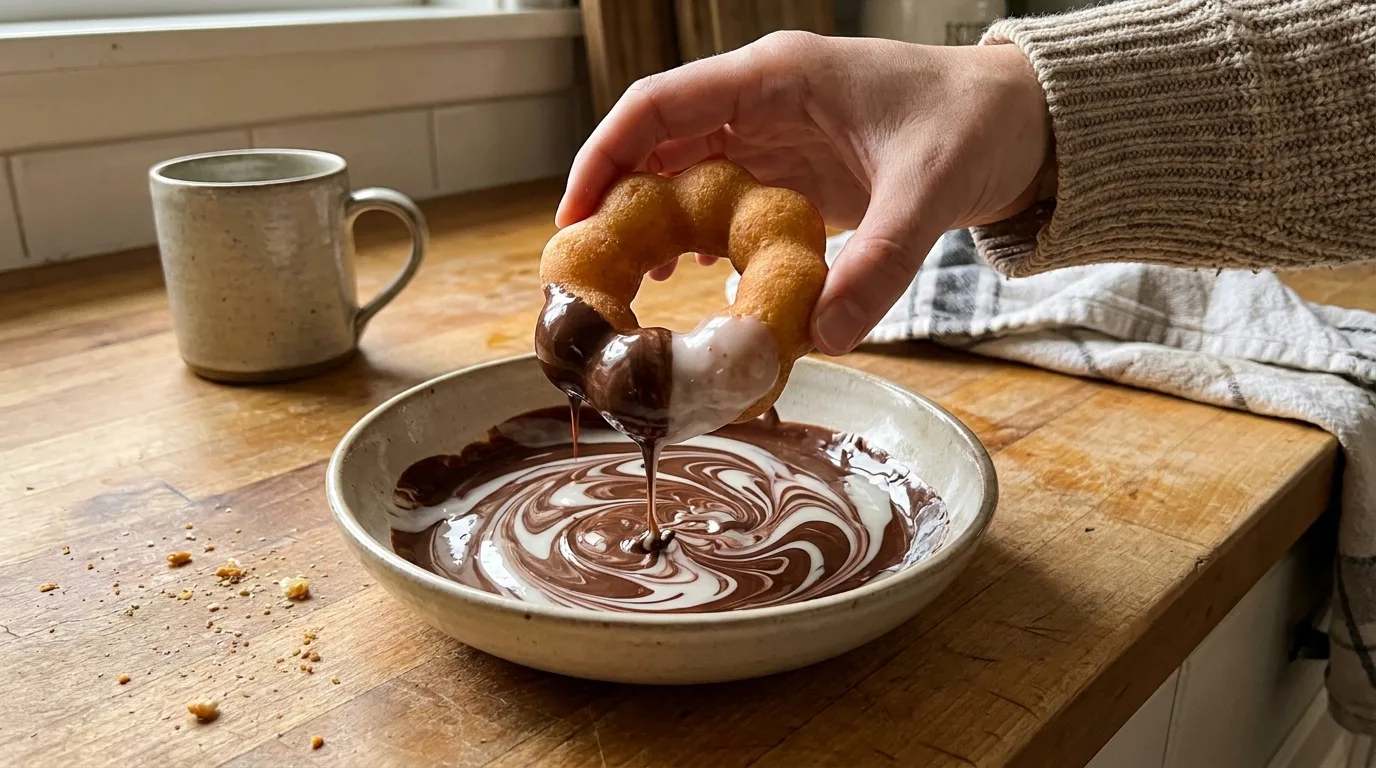 Dipping a mochi donut into marbled chocolate glaze
