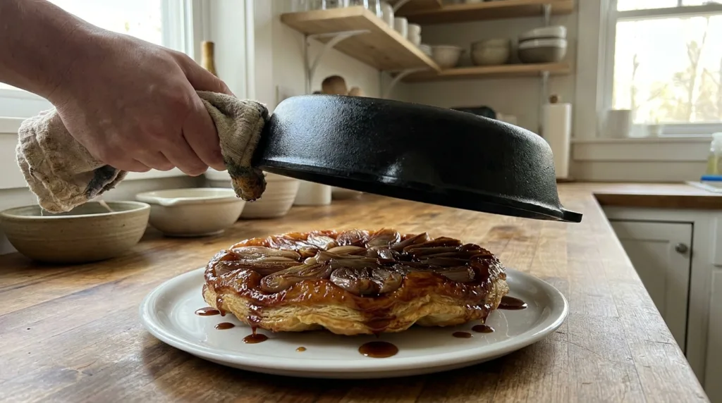 Shallot Tarte Tatin: Easy Savory Puff Pastry Tart 3 Lifting a skillet from a freshly flipped shallot tarte Tatin