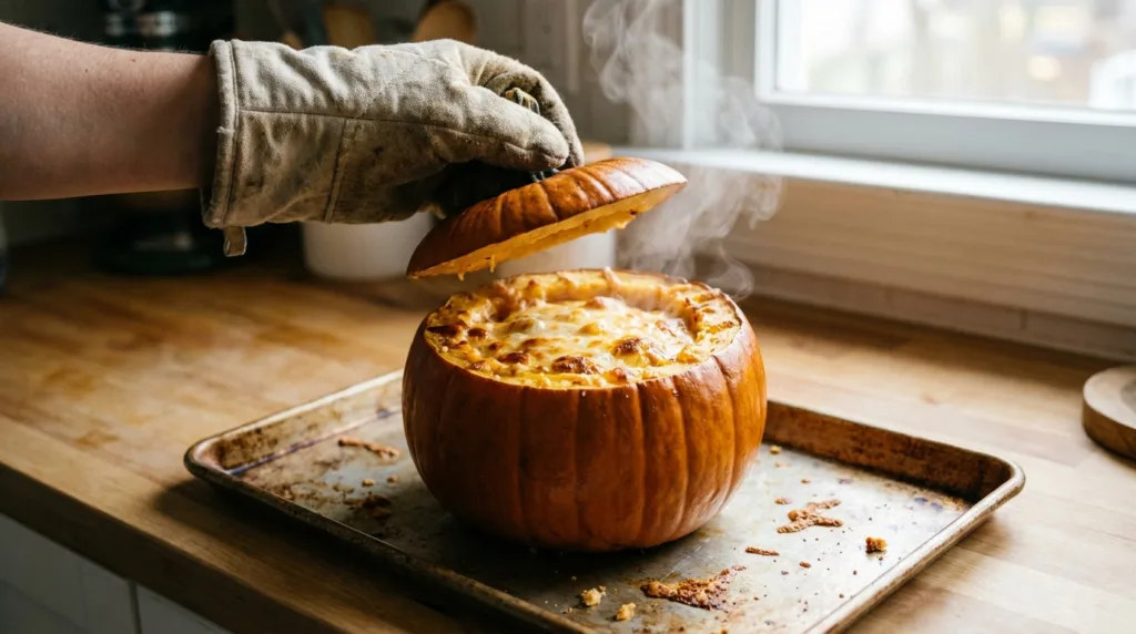 Lifting the lid off a whole baked pumpkin filled with bubbling cheesy bread