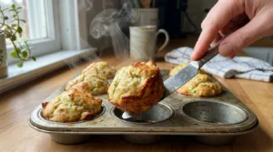 Lifting a crispy-edged stuffin' muffin out of a muffin tin with a knife