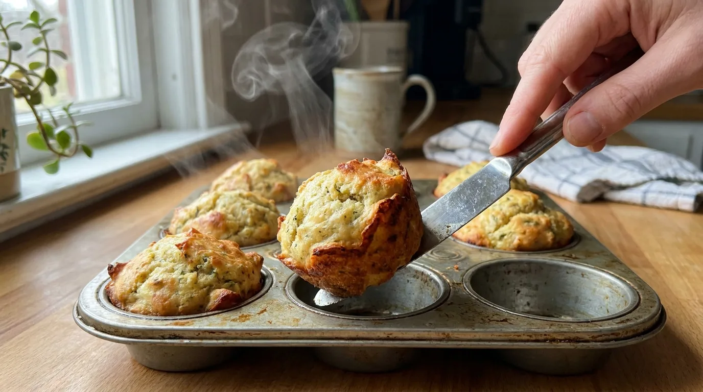 Lifting a crispy-edged stuffin' muffin out of a muffin tin with a knife