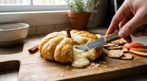 Pumpkin-shaped baked brie cut open to reveal melted cheese inside golden puff pastry.