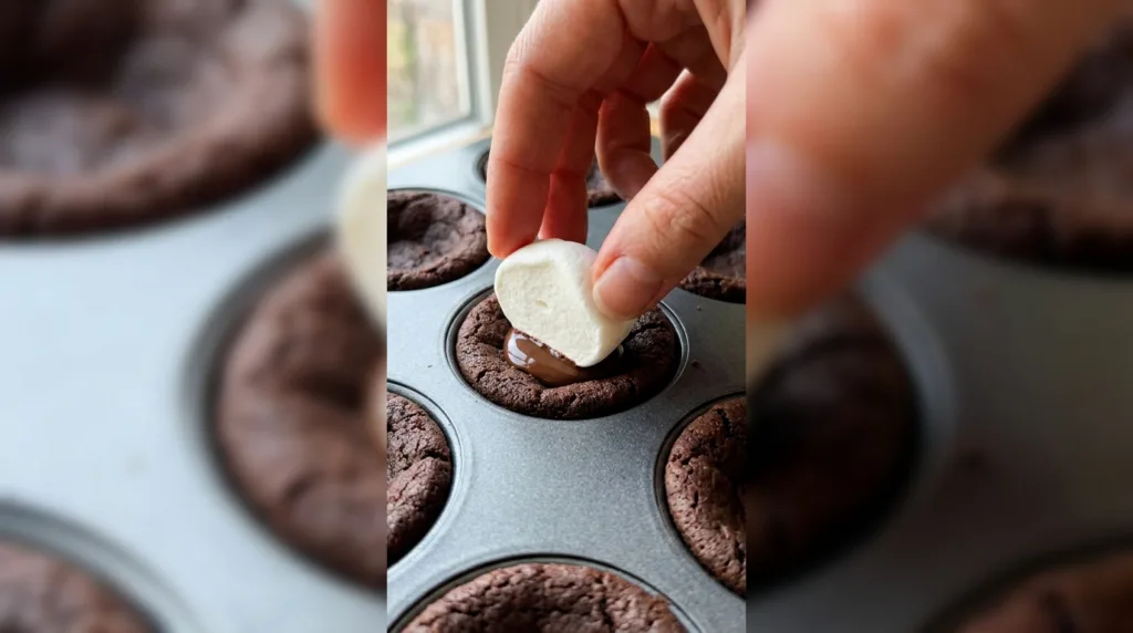 Hot Chocolate Cookie Cups with Marshmallow Topping 6 Hand placing a marshmallow half on a chocolate cookie cup in a mini muffin pan.