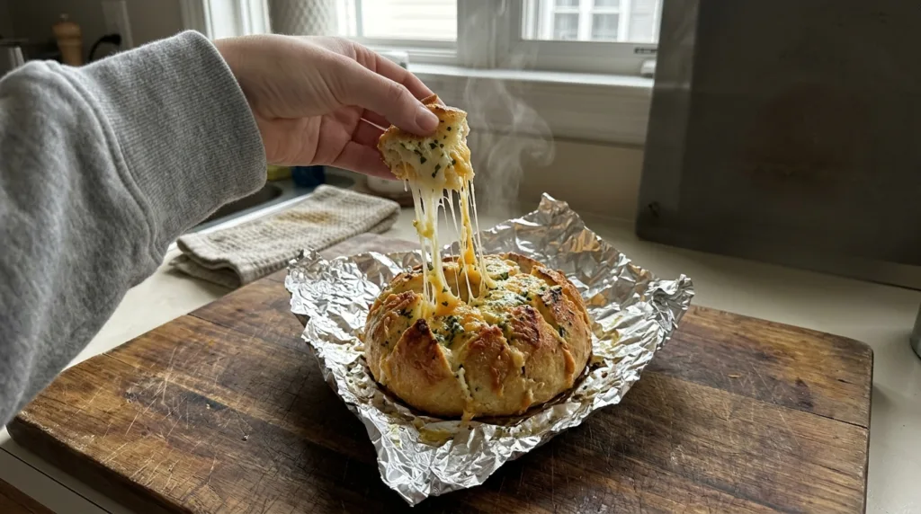 Stuffed Cheesy Garlic Bread Loaf (Easy Party Appetizer) 3 Pulling a cheesy piece from a mozzarella stuffed garlic bread loaf with a long cheese pull