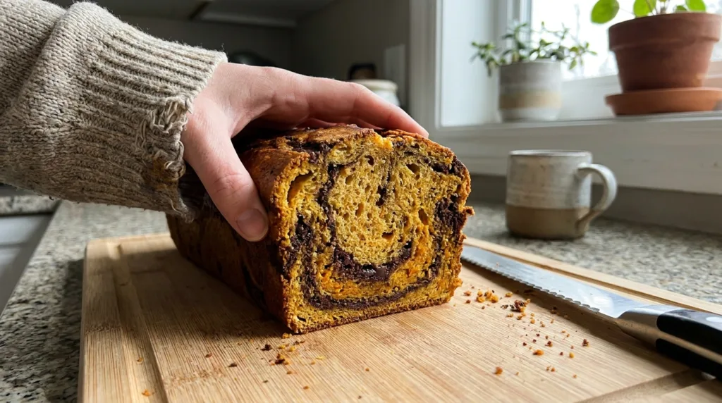 Pumpkin Marble Loaf (Moist Chocolate Swirl Pumpkin Bread) 3 Slice of chocolate pumpkin marble loaf showing orange and chocolate swirls