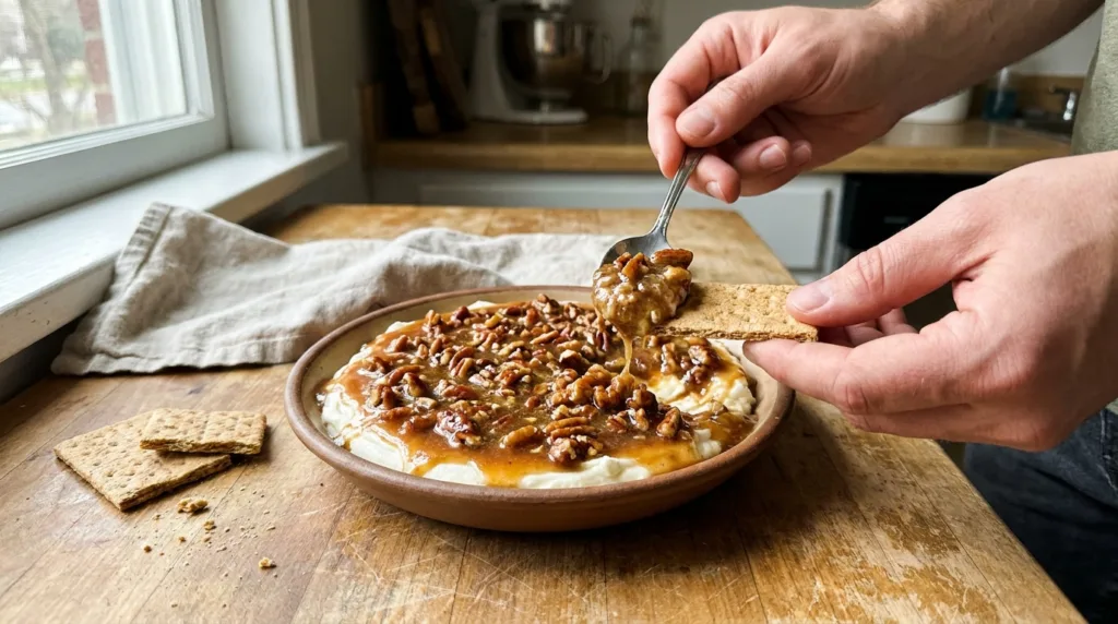 Pecan pie dip scooped onto a graham cracker, showing cream cheese beneath a maple pecan topping.