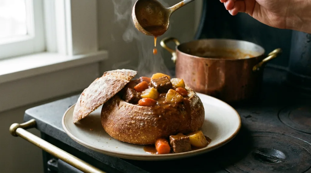 Sourdough bread bowl filled with beef stew, carrots and potatoes, with a copper pot in the background.