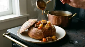 Sourdough bread bowl filled with beef stew, carrots and potatoes, with a copper pot in the background.