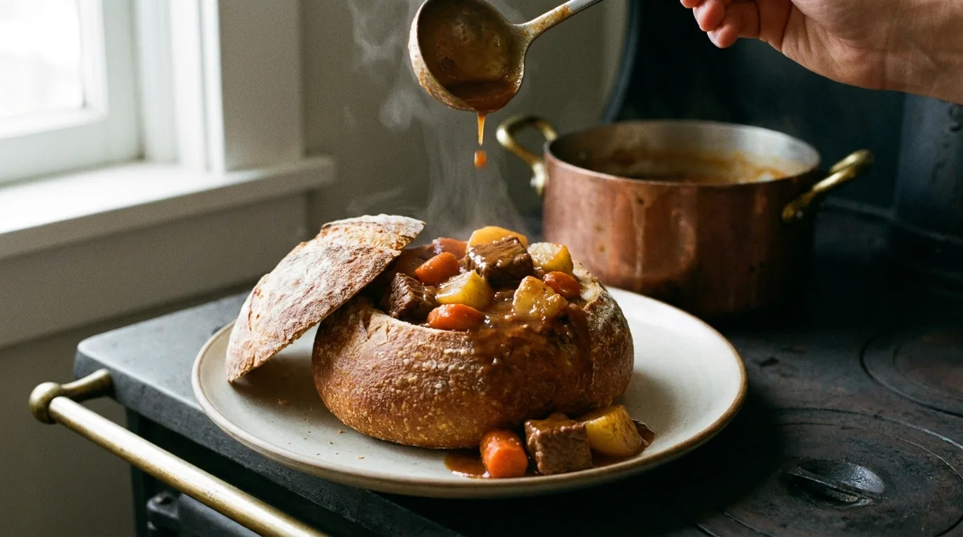 Beef Stew Bread Bowls with Tender Chuck Roast 4 Sourdough bread bowl filled with beef stew, carrots and potatoes, with a copper pot in the background.