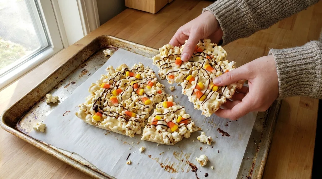 Candy Corn Popcorn Bark: No-Bake Halloween Treat 3 Hands breaking candy corn popcorn bark with white chocolate and a dark chocolate drizzle.
