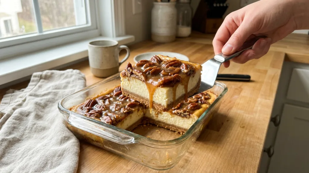 Cutting a square of pecan cheesecake bars showing graham crust and gooey pecan layer