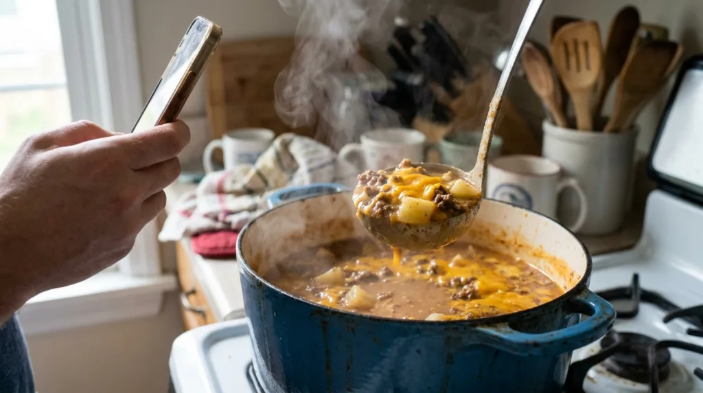 Ladling creamy bacon cheeseburger soup from a blue pot
