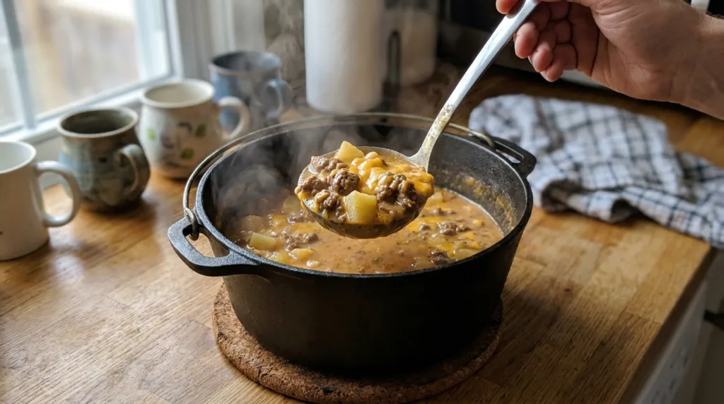 Cheeseburger Soup (Easy One-Pot Bread Bowl Recipe) 3 Ladling creamy cheeseburger soup with ground beef and potatoes from a Dutch oven