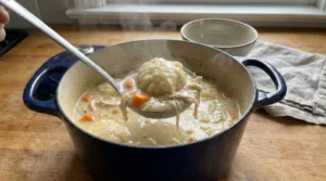 Ladling creamy one pot chicken and dumplings with biscuit dumplings from a Dutch oven