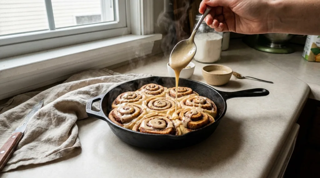 Pouring maple glaze over warm maple cardamom sticky buns in a baking pan