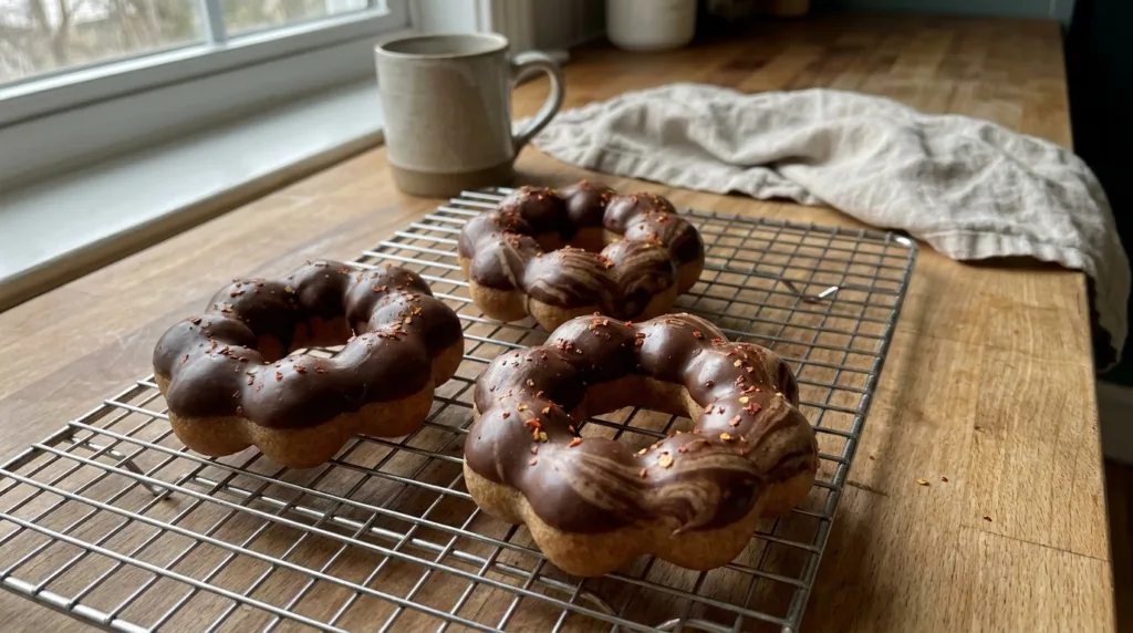 Ghost Pepper Chocolate Mochi Donut: Spicy Halloween Treat 3 Ghost pepper chocolate mochi donuts with marbled glaze on a rack