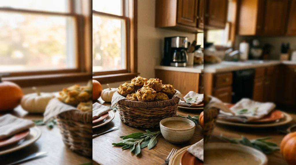 Stuffing Muffins (Crispy-Edged Make-Ahead Thanksgiving Side) 3 Basket of golden stuffing muffins with gravy on a Thanksgiving table in a home kitchen