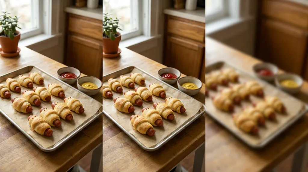 Mummy Hot Dogs (Easy Crescent Roll Halloween Recipe) 3 Tray of mummy hot dogs wrapped in golden crescent dough with eyes in a home kitchen