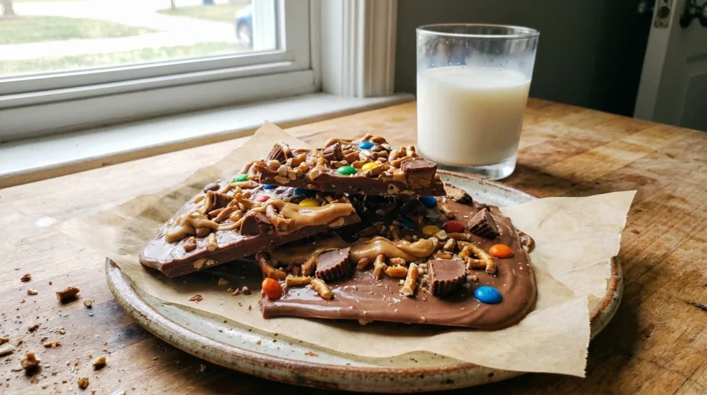 Peanut Butter Cup Bark (Easy No-Bake Chocolate Candy) 3 Pieces of peanut butter cup bark on a platter with a glass of milk in a home kitchen