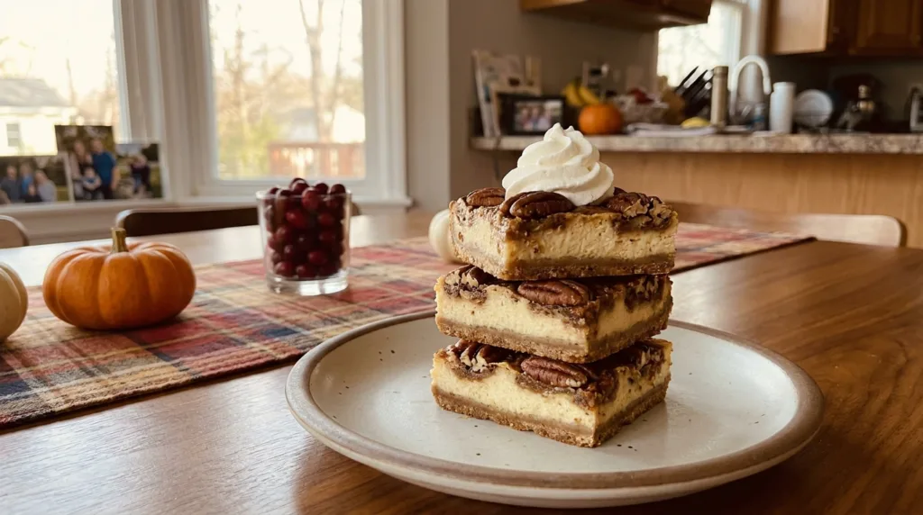 Pecan Pie Cheesecake Bars (Easy Make-Ahead Thanksgiving Dessert) 3 Plate of pecan pie cheesecake bars with whipped cream on a Thanksgiving dessert table